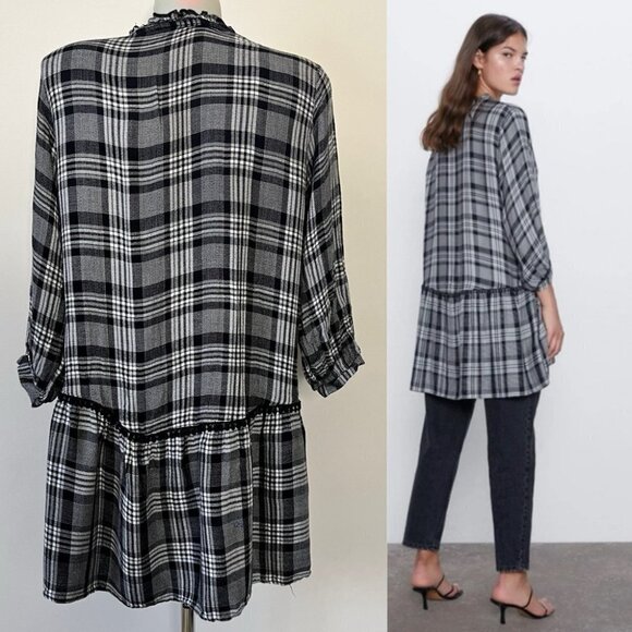 Zara Plaid Checkered Top Blouse Dress Tunic Embroidered Lettuce V Neck Hem Sz XS - Picture 2 of 16